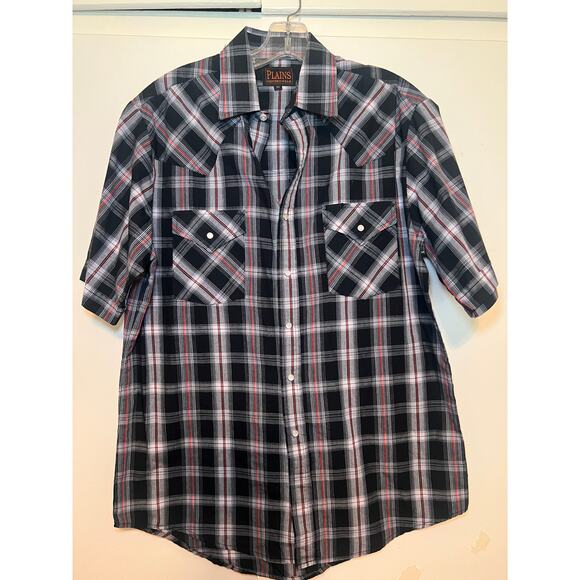 Men's Plaid Plains Westernwear Short Sleeve Pearl Snap Button Down Medium - Picture 1 of 3